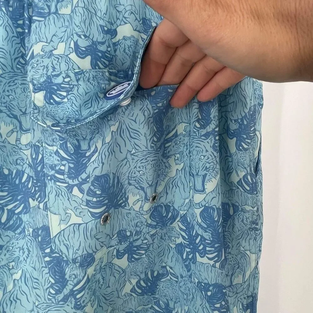 Peter Millar Men's Seascape Tiger Leaf Print Swim Trunk‎ Shorts Blue Size XXL 8”